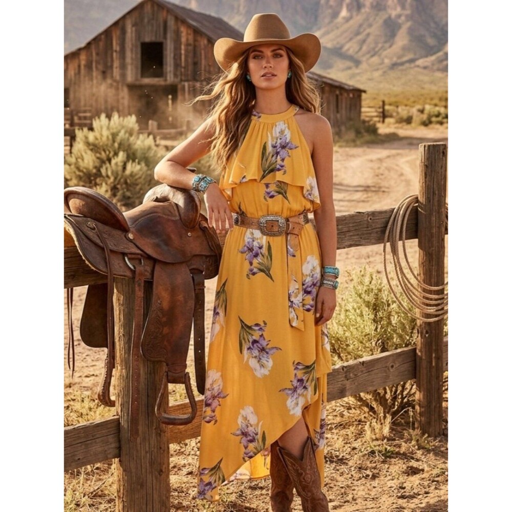 Davi & Dani Mustard Yellow Floral Maxi Dress High Low Ruffle Halter